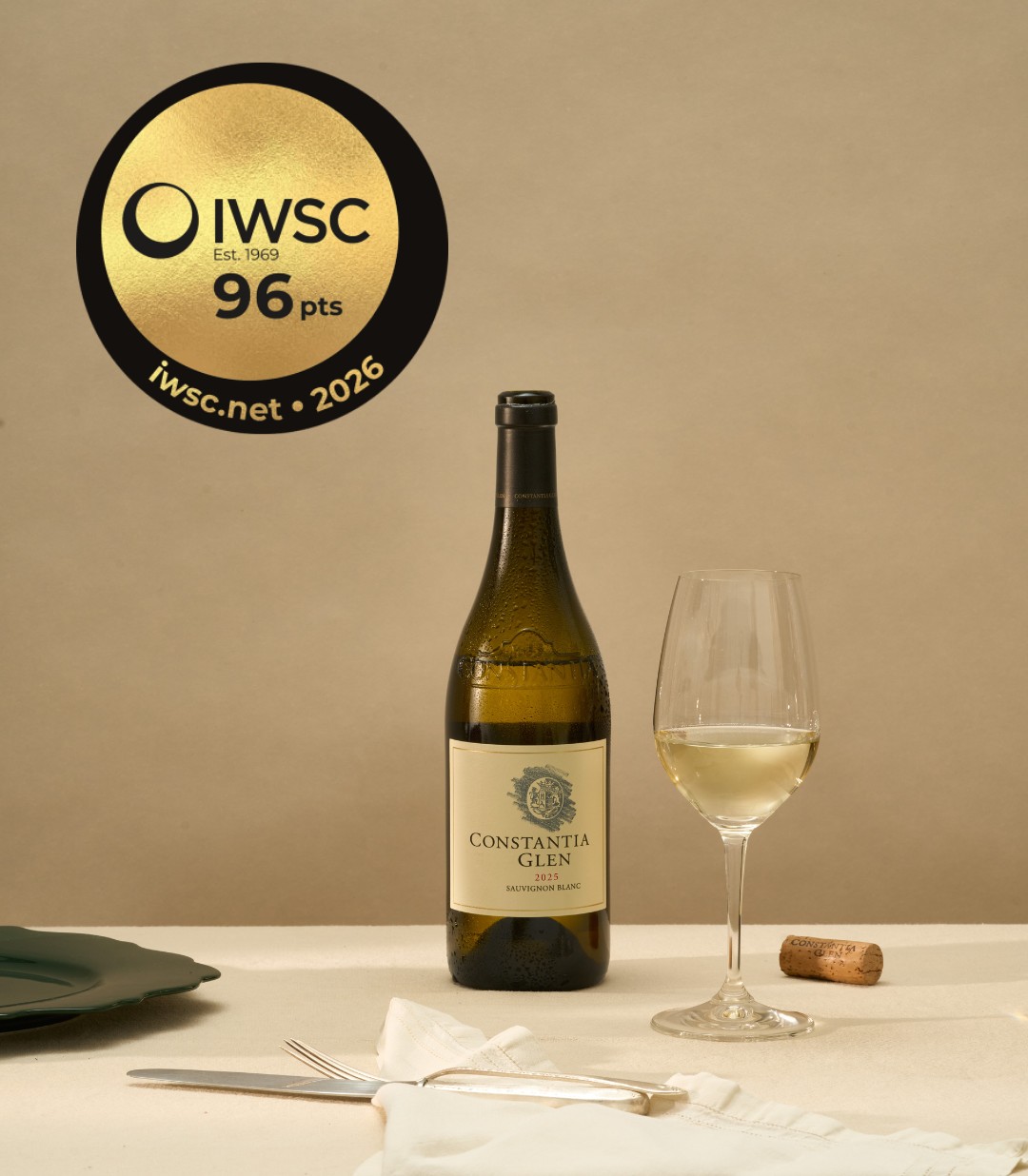 Constantia Glen Sauvignon Blanc 2025 with IWSC 2026 Gold Medal seal, 96 points